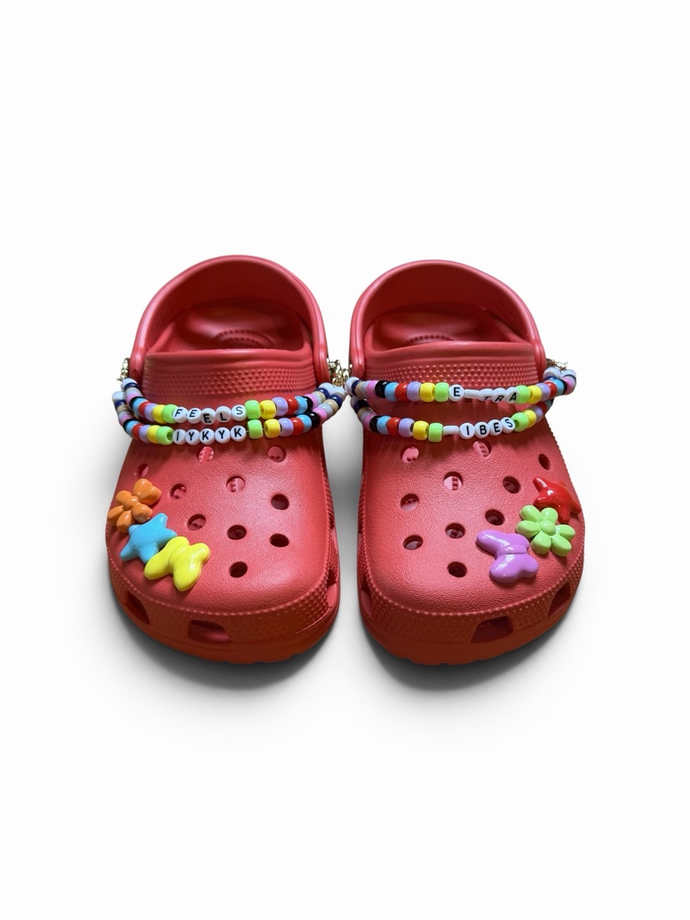 CROCS Women Red Clogs with Multicolor Beaded Straps and Flower Charms Size 7